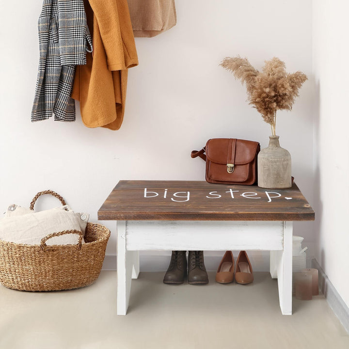 Joy Big Step Decorative Wood Stool Walnut/White Brown Farmhouse Distressed
