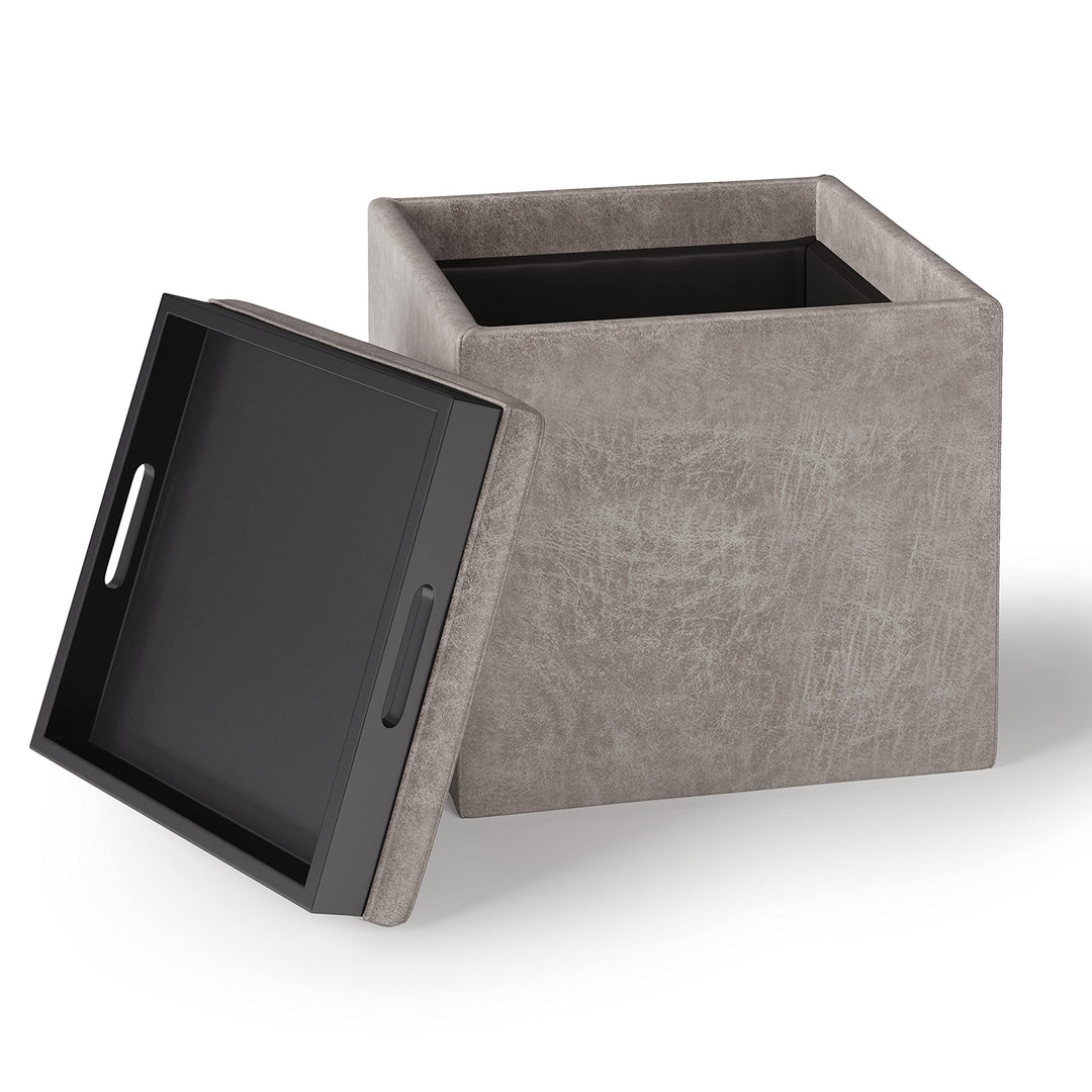 SIMPLIHOME Rockwood 18 Inch Wide Contemporary Square Cube Storage Ottoman with Distressed Grey Taupe - Diamond Home USA