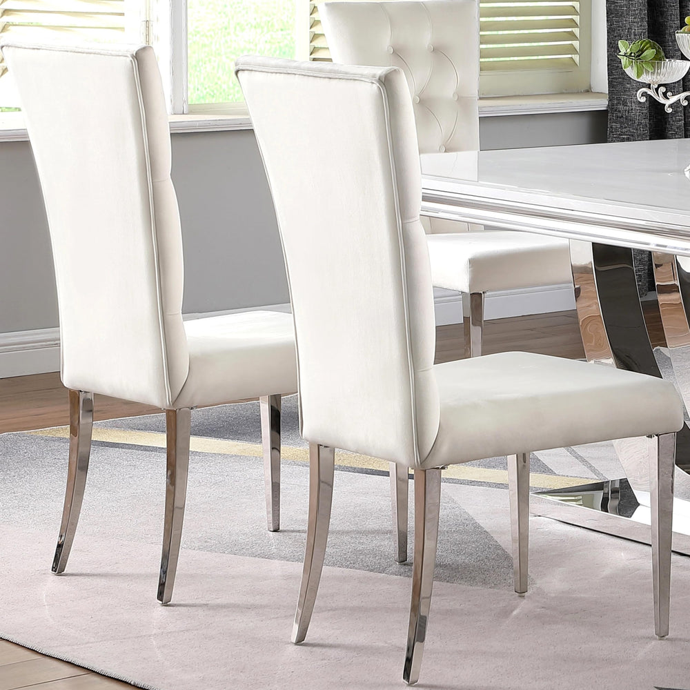Luxurious Button Tufted White Velvet and Chrome Legs Dining Chairs (Set of 2) - Diamond Home USA