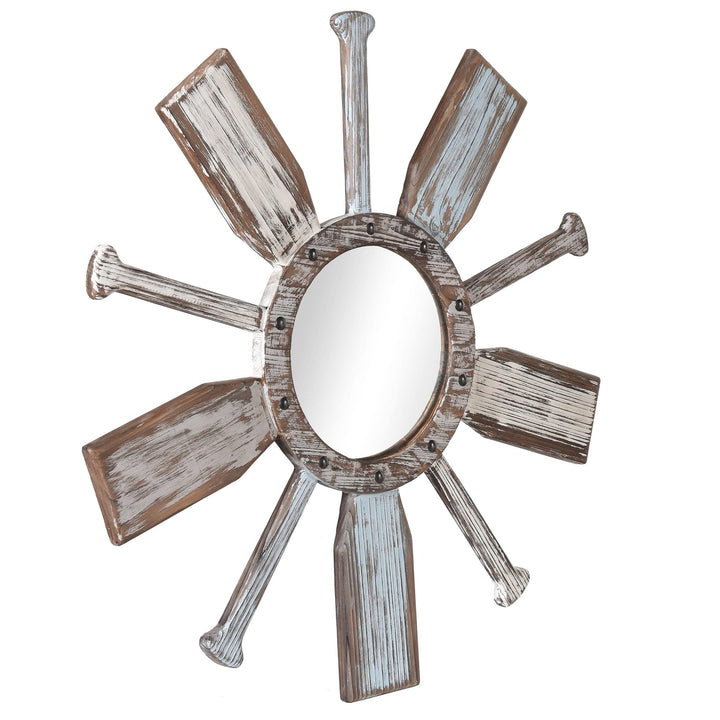 Weathered Boat Paddle Wall Mirror White Blue Finish Nautical Coastal Includes - Diamond Home USA