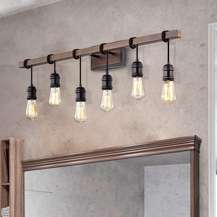 The Lighting Store Betisa 6-Light Antique Black and Faux Wood Grain Finish