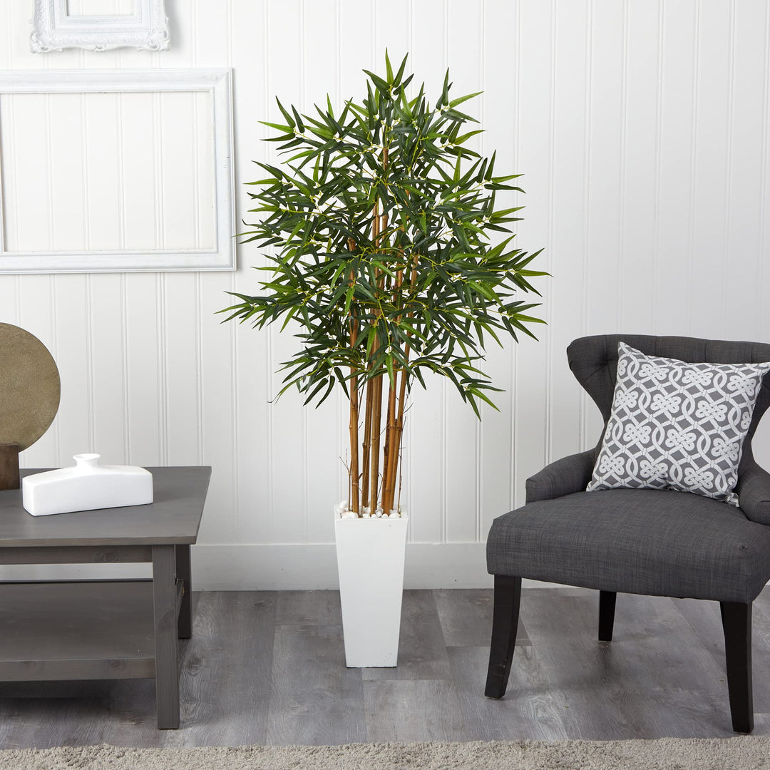 Nearly Natural 5812 5’ Bamboo Artificial Tree in White Tower Planter Green - Diamond Home USA