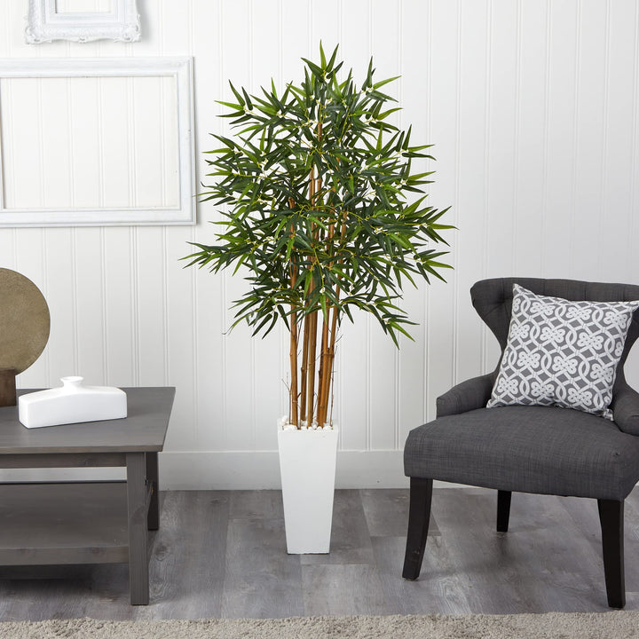 Nearly Natural 5812 5’ Bamboo Artificial Tree in White Tower Planter Green - Diamond Home USA