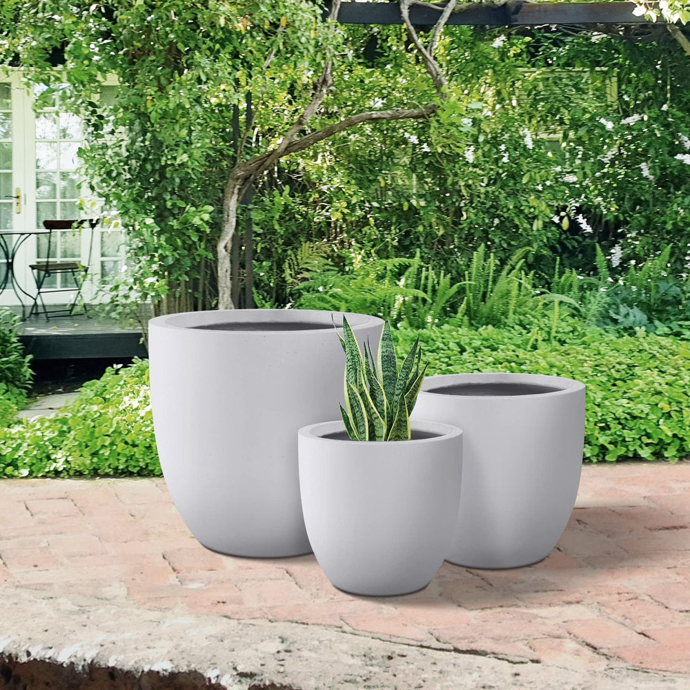 18" 14" 10" D Round Solid White Concrete Planter (Set of 3) Outdoor Flower Pot - Diamond Home USA