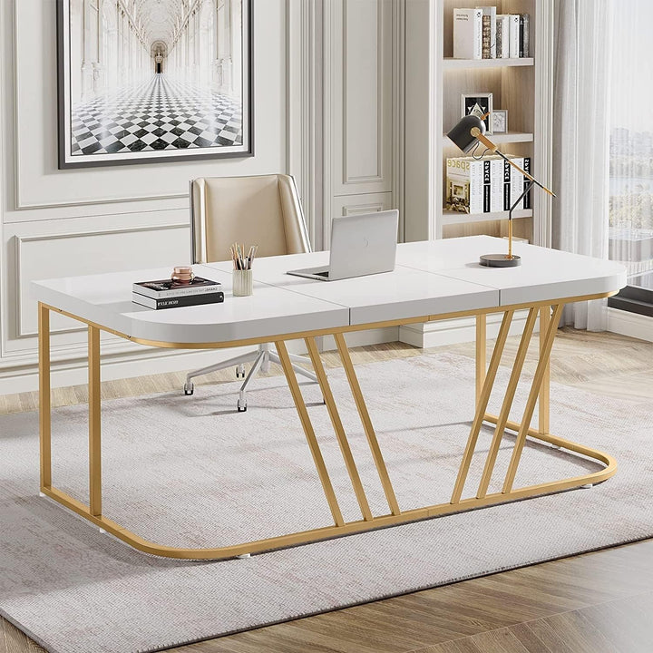 63" Large Executive Desk Modern White Gold Office with Metal Leg Contemporary