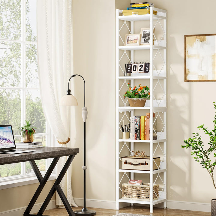 78.7" White Bookshelf 7 Tier Tall Skinny Bookcase Freestanding Narrow Display