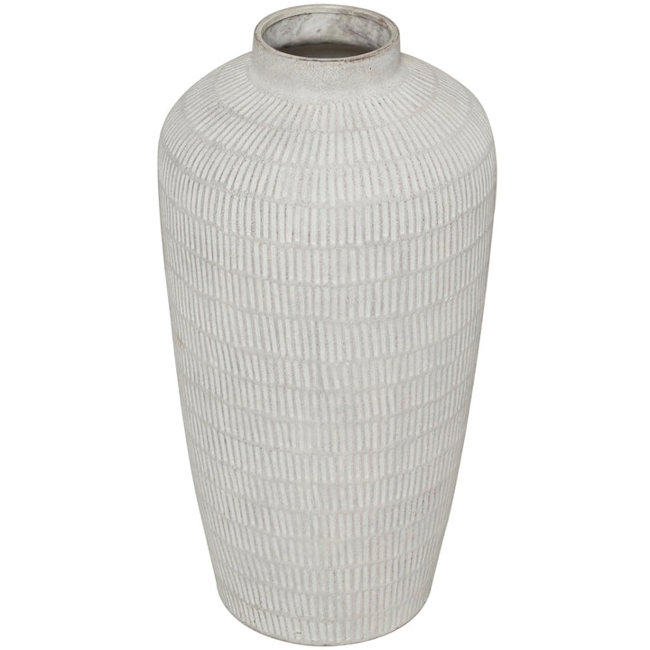 Cream Ceramic Textured Vase with Linear Pattern Off/White - Diamond Home USA