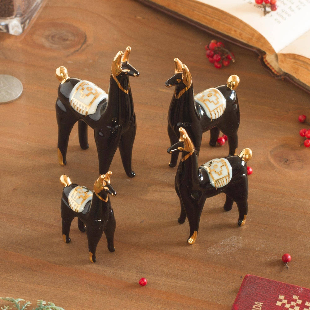 Handmade Black Llamas of The Glass Figurines (Set 4) Peru 3.7" H X 1.2" W 1.8" D - Diamond Home USA