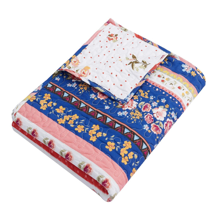 Cotton-Rich Reversible Throw Blanket Blue Pink White Border Floral Striped - Diamond Home USA