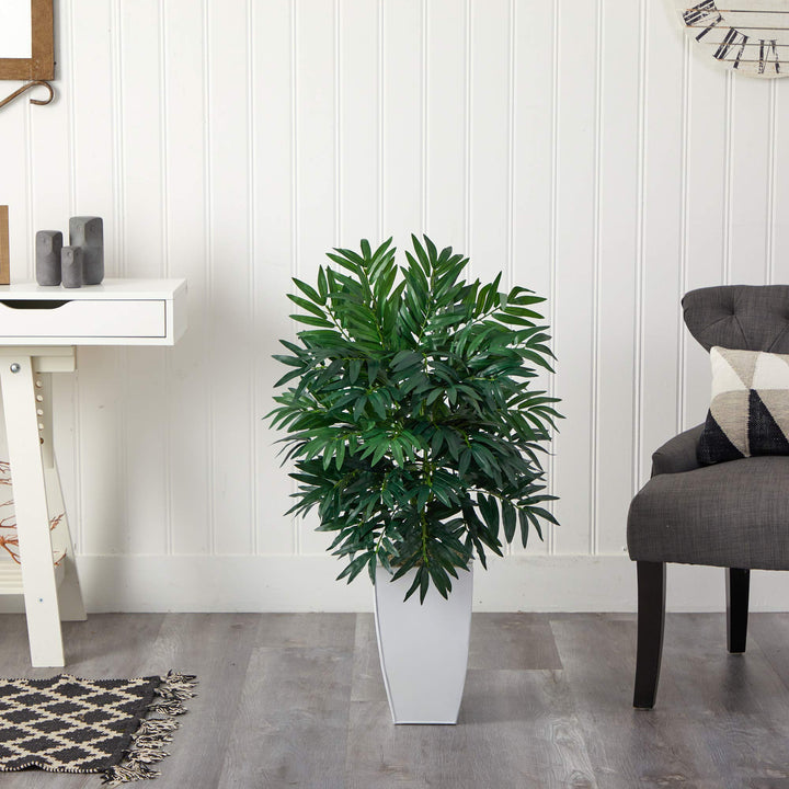 Nearly Natural 3ft. Bamboo Palm Artificial Plant in White Metal Planter - Diamond Home USA