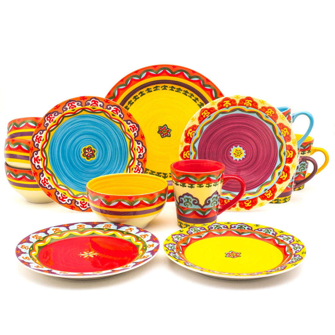 16-Piece Dinnerware Set (Service for 4) Blue Multi Color Yellow Geometric Casual - Diamond Home USA