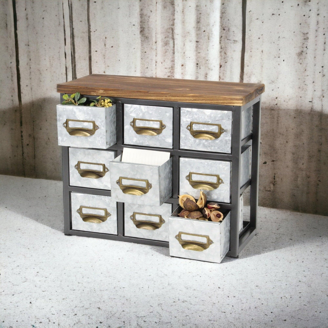 Gray Galvanized Metal Short 9 Drawer Desk Organizer Grey Industrial Handmade - Diamond Home USA