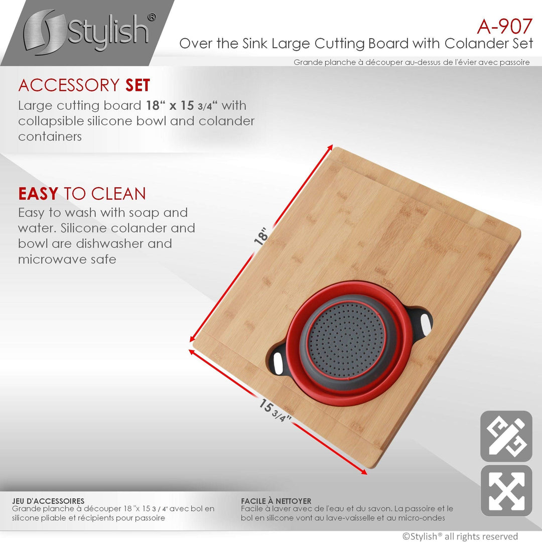 Over The Sink Large Cutting Board with Colander Set Brown Rectangle Bamboo - Diamond Home USA