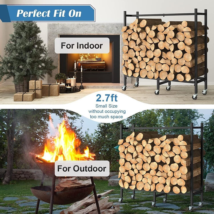 2.7ft Firewood Rack Holder with Wheels Black Metal - Diamond Home USA