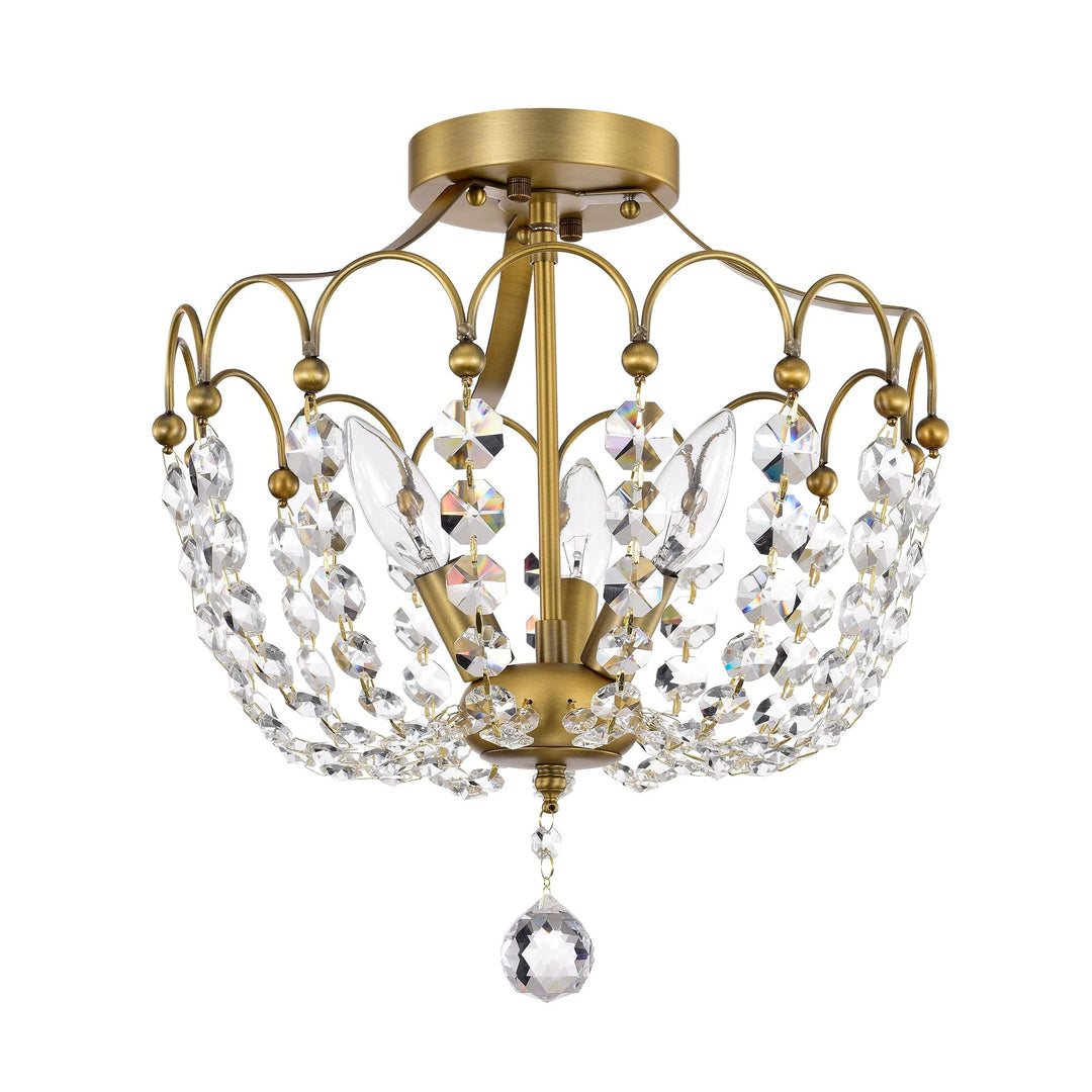 Vintage Brass 3-light Glam Semi Flush Mount with Crystal Steel Dimmable - Diamond Home USA