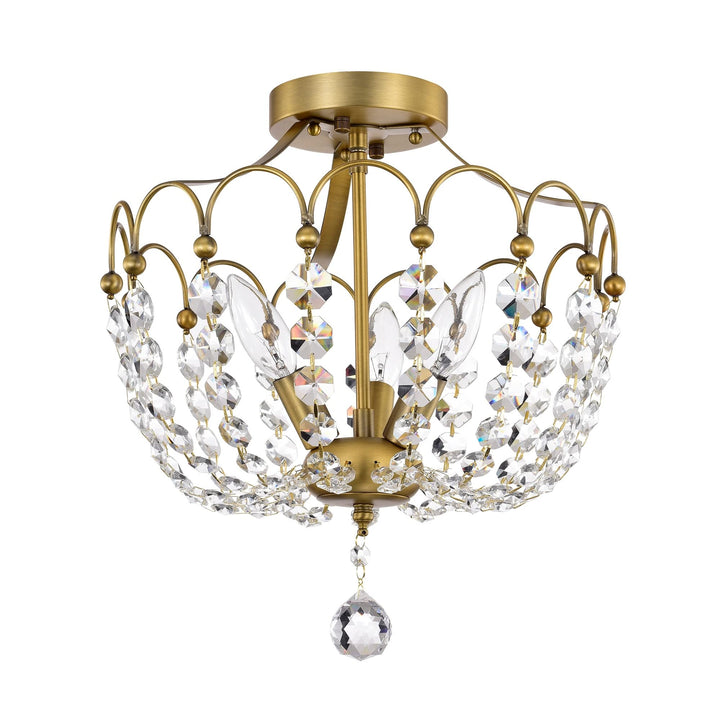 Vintage Brass 3-light Glam Semi Flush Mount with Crystal Steel Dimmable - Diamond Home USA
