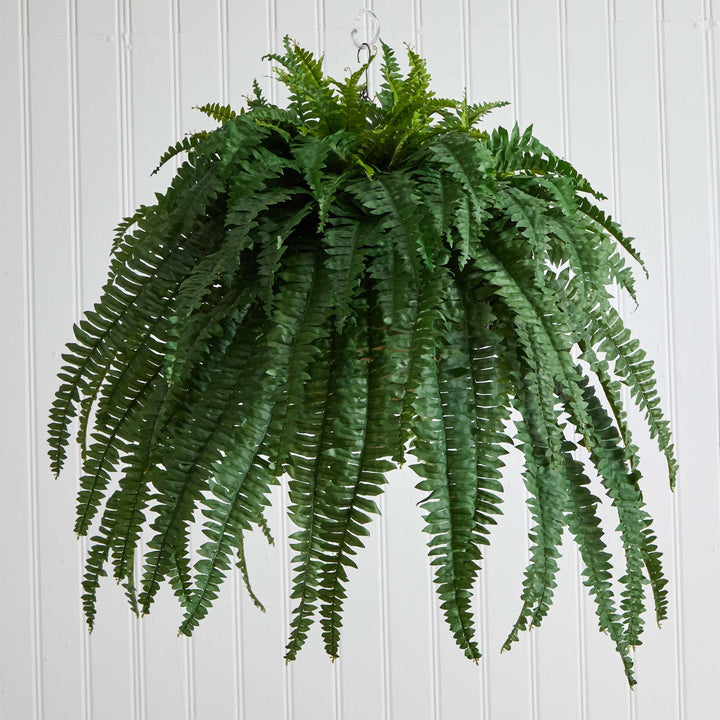 Nearly Natural 39in. Boston Fern Artificial Plant in Metal Hanging Bowl - Diamond Home USA