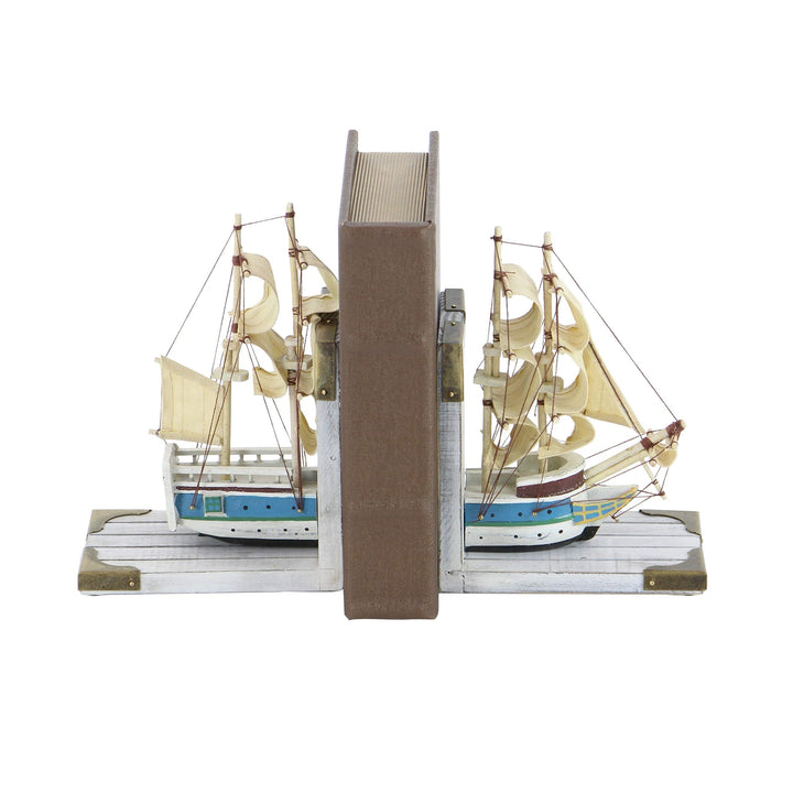 Nautical Trade Ship Book Ends Yellow Bohemian Eclectic Acacia Brushed - Diamond Home USA