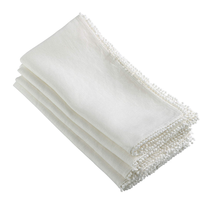 SARO LIFESTYLE 15062.I20S Pomponin Collection Linen Pom Napkins (Set of 4)) Ivory