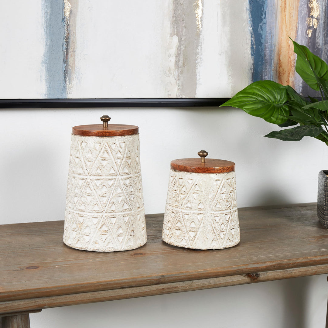 Cream Paper Handmade Carved Triangle Tribal Canisters With Brown Removable