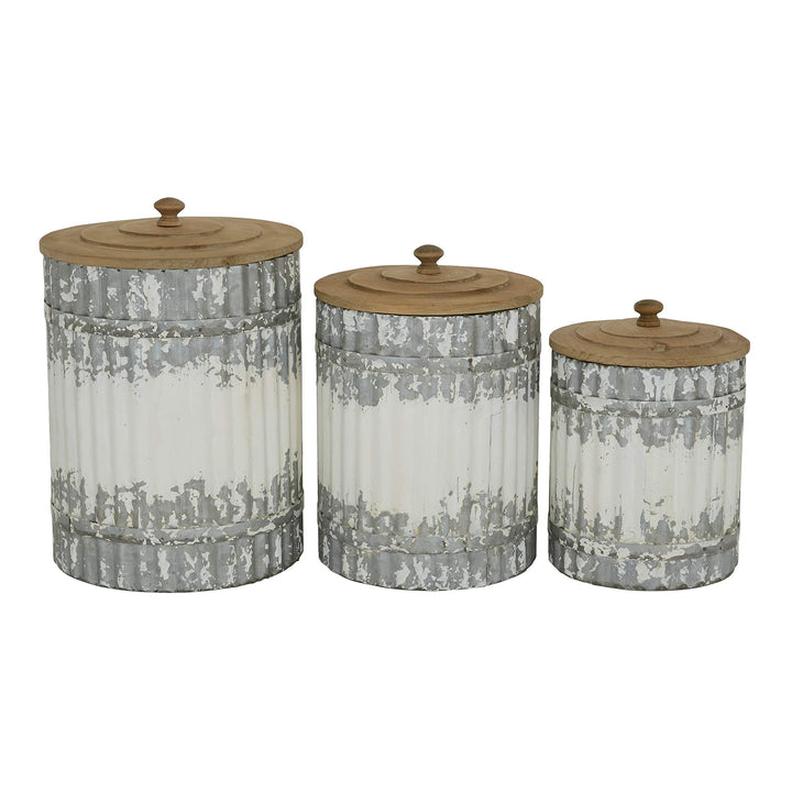 Round Distressed White Galvanized Metal Textured Canisters with Wood Lid Set