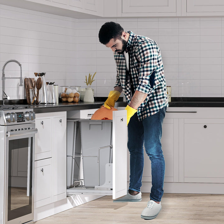 Double 37 Quart Pull Out Kitchen Waste Containers Grey Metal Plastic - Diamond Home USA