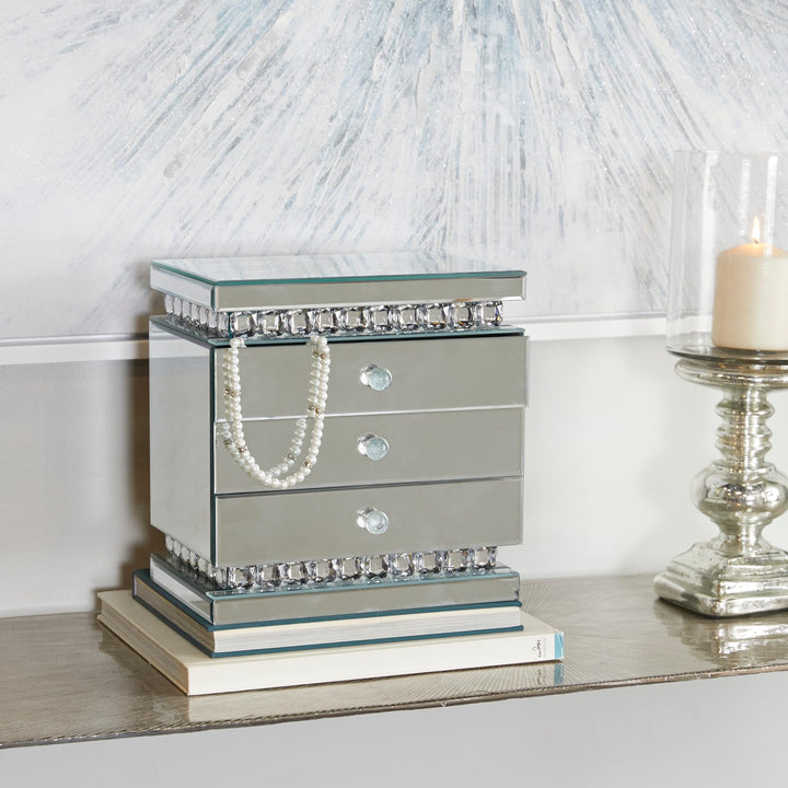 Silver Wooden Mirrored 3 Drawers Jewelry Box With Crystal Embellishments