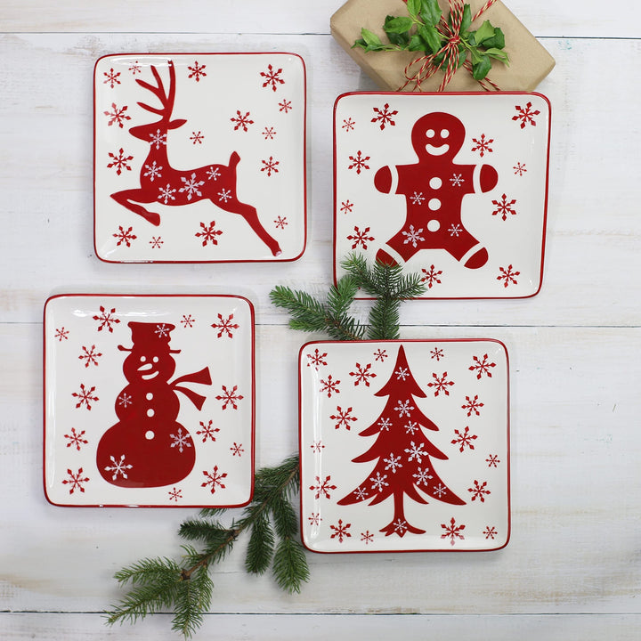 Winterfest 8inch Salad Plates Dessert Set Of 4pcs Red White Ceramic - Diamond Home USA