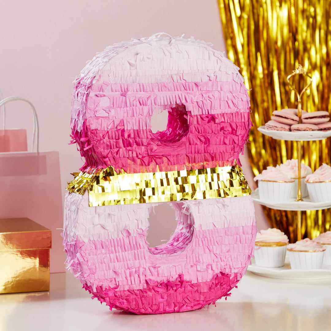 Small Pink and Gold Foil Number 8 Pinata for Kids 8th Birthday Party Decorations - Diamond Home USA