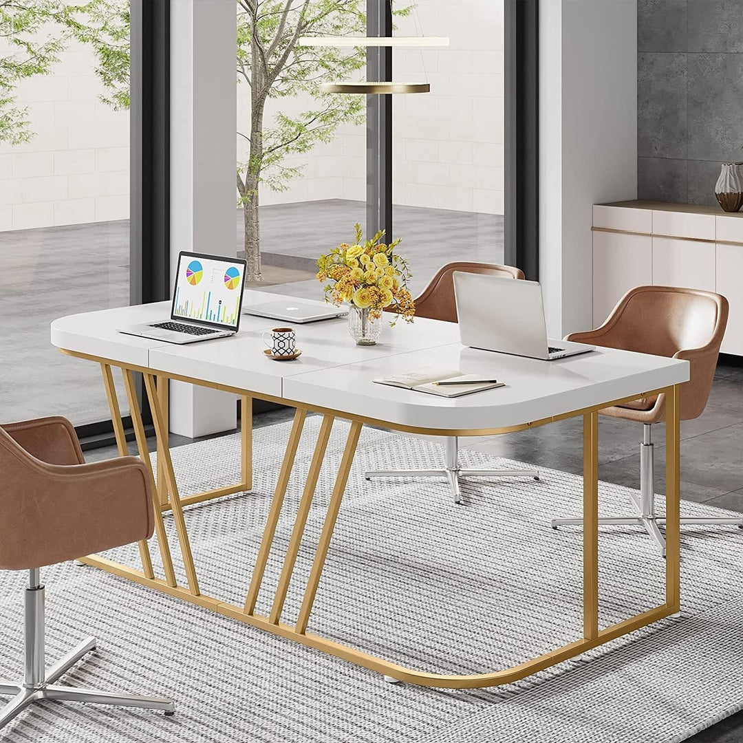 63" Large Executive Desk Modern White Gold Office with Metal Leg Contemporary - Diamond Home USA