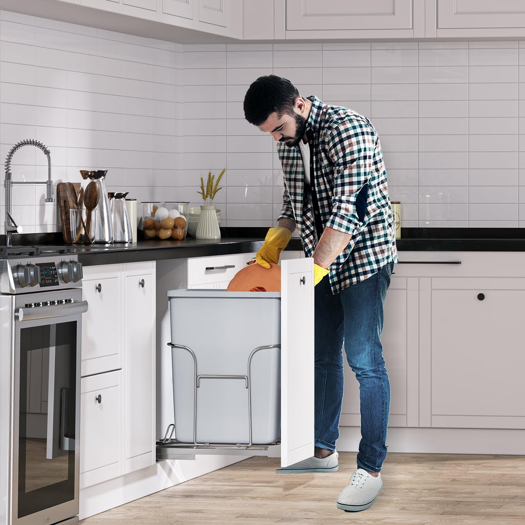 30l Resin Pull Out Kitchen Waste Containers with Lid Grey Metal Plastic - Diamond Home USA