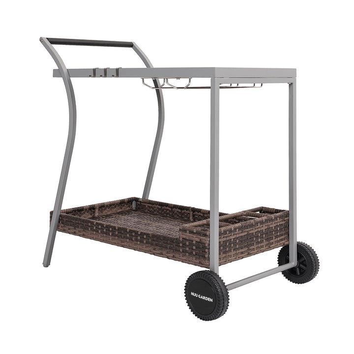 Outdoor 2-Tier Wicker Bar Cart On Wheels with Tempered Glass Board Grey - Diamond Home USA