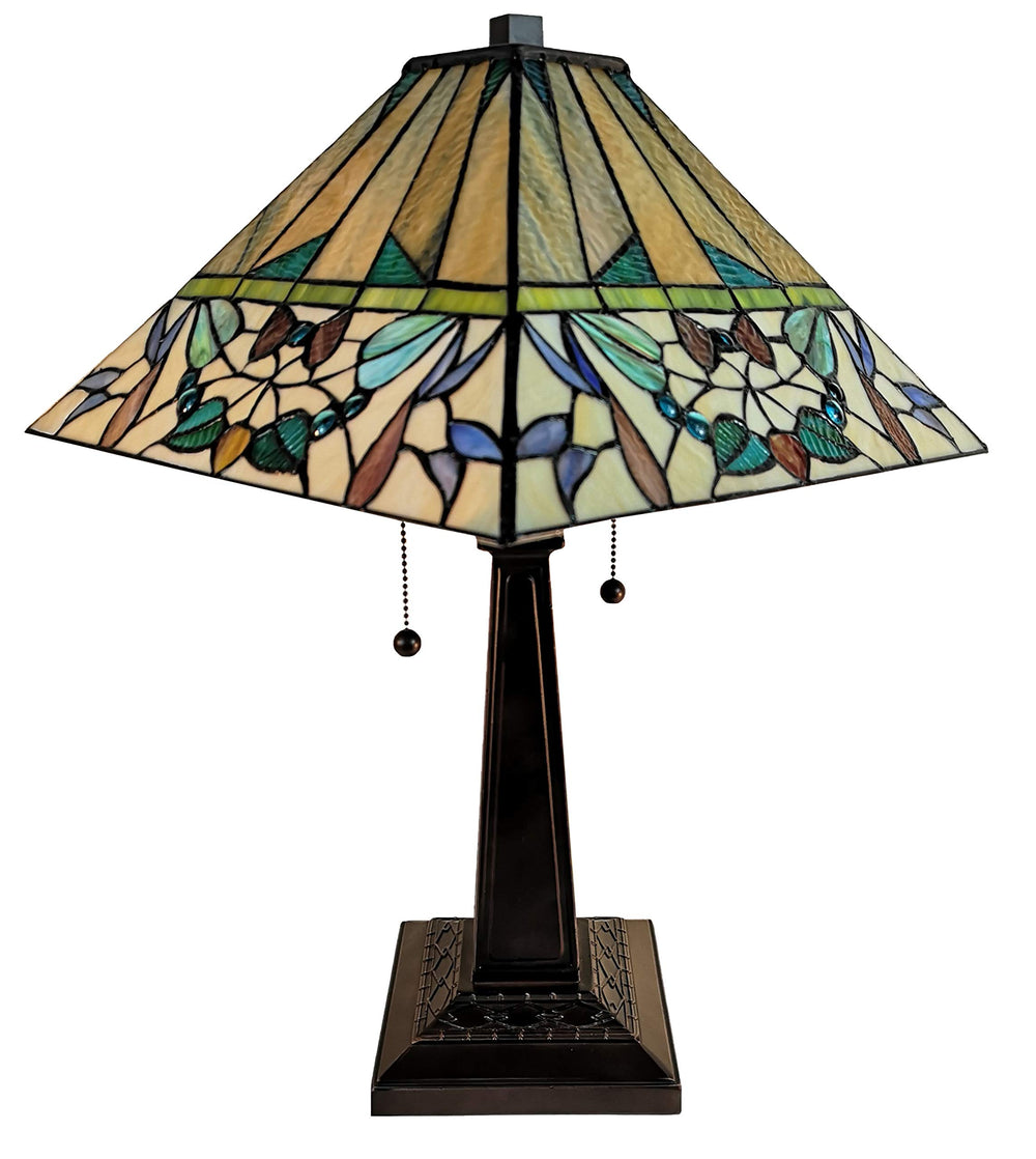 Tiffany Style Table Lamp Banker Mission 22" Tall Stained Glass Tan Green - Diamond Home USA