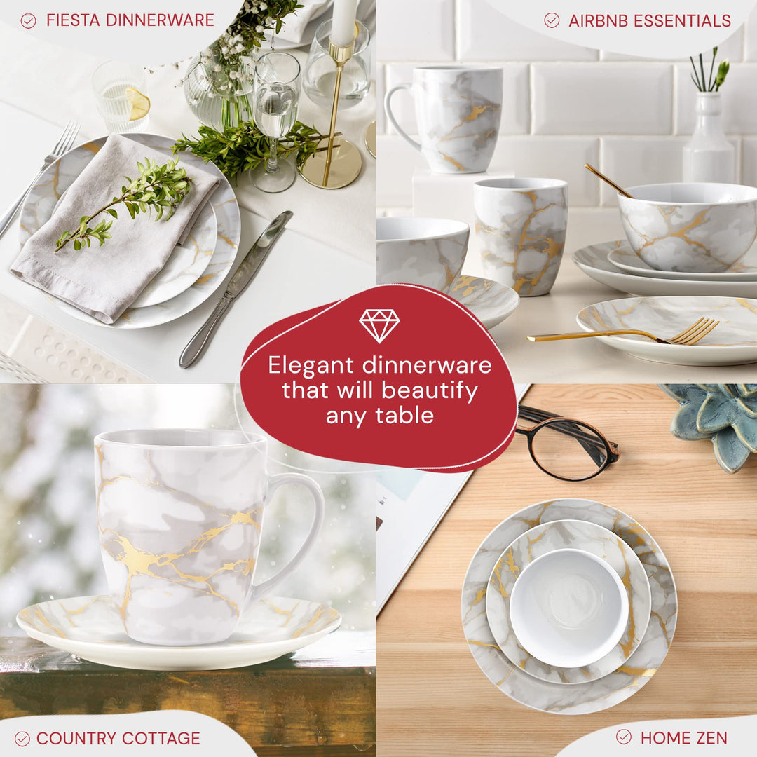 Safdie & Co. - Gold Marble Plates and Bowls Sets Modern Kitchen 16-Piece - Diamond Home USA