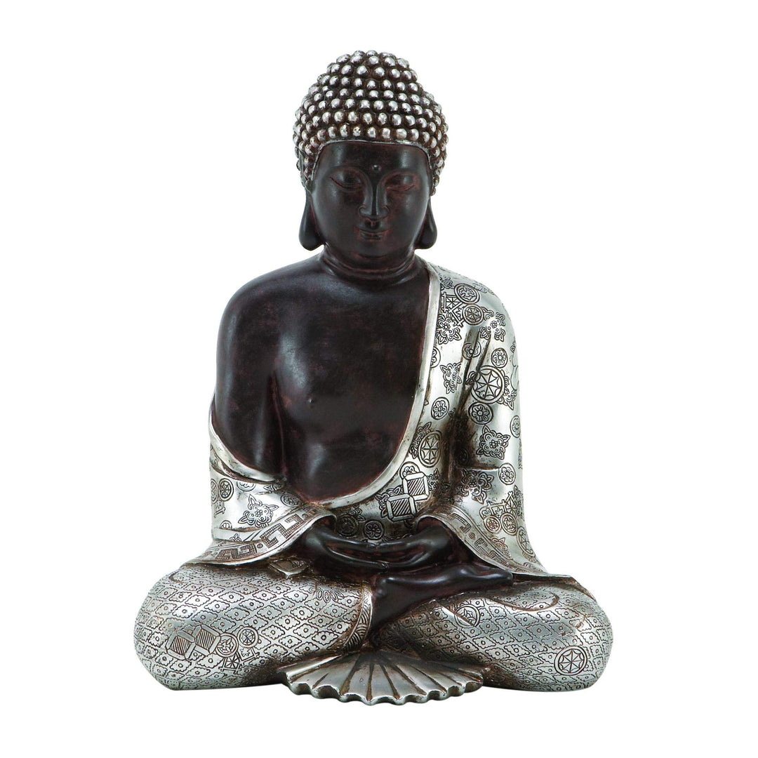 11" Antique Silver Finish Draped Buddha Sitting Statue Indoor Outdoor Restful