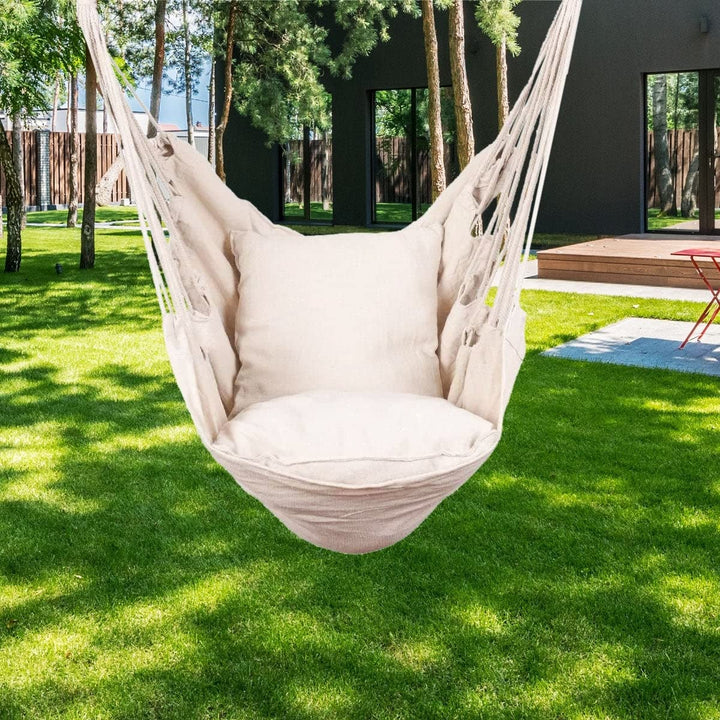 Hanging Rope Hammock Chair Swing Seat with Two Cushions and Carrying Bag Brown