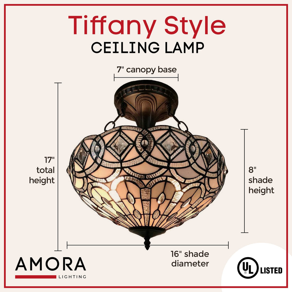Amora Vintage Tiffany Style Ceiling Lamp - 16” x 17” White Jeweled Stained Glass - Diamond Home USA