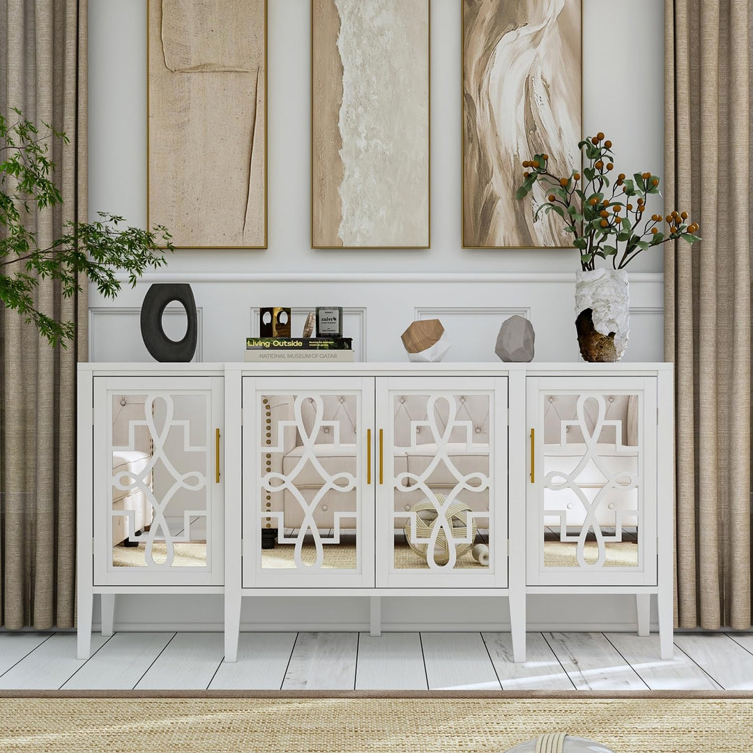 Large Server Console Table Sideboard 62.9" White Lacquer Mirrored Door French - Diamond Home USA