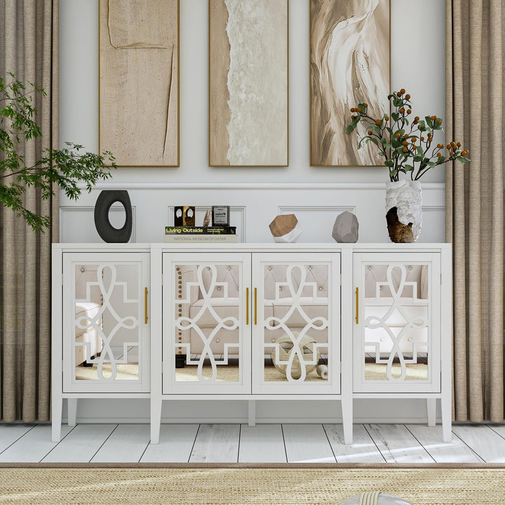 Large Server Console Table Sideboard 62.9" White Lacquer Mirrored Door French - Diamond Home USA