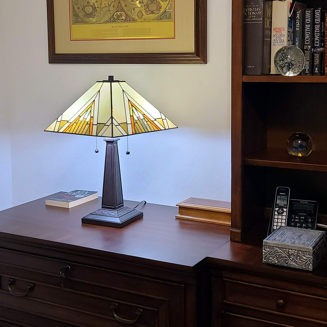 Tiffany Style Table Lamp Banker Mission 23" Tall Stained Glass Tan Brown Vintage - Diamond Home USA