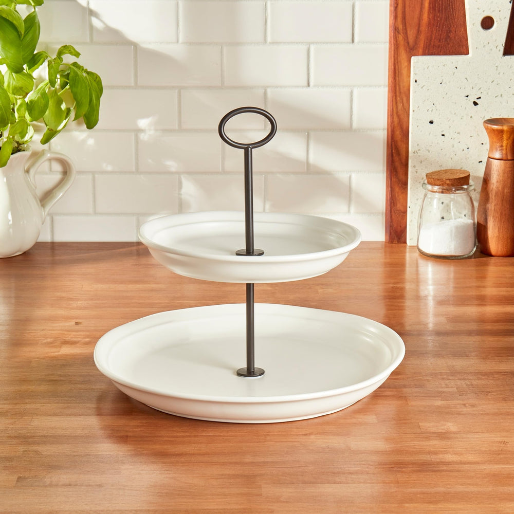 Bee Willow White Stoneware 2 Tier Round Server Ceramic 1 Piece Dishwasher Safe - Diamond Home USA