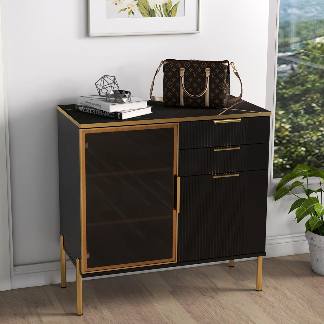 Corrugated Two-Drawer Door Cabinet Black Modern Contemporary MDF Includes - Diamond Home USA