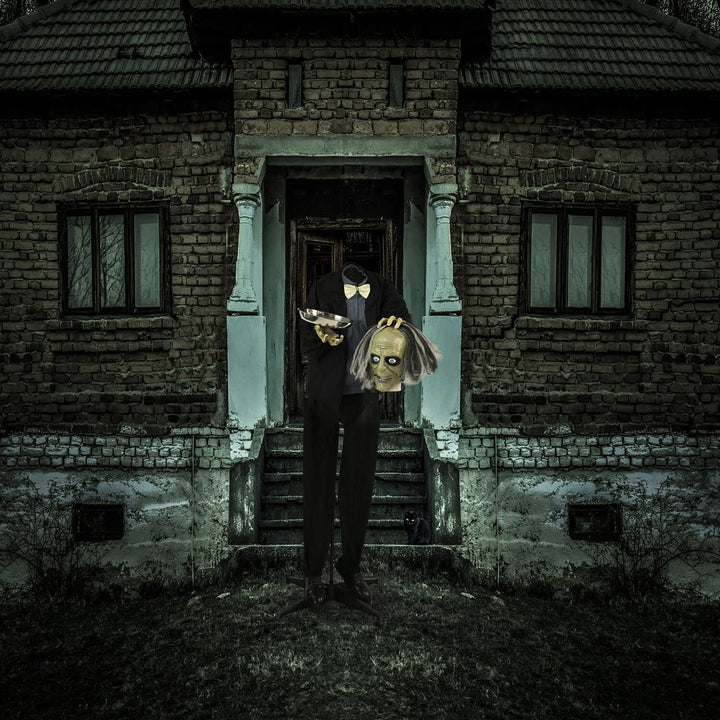 Haunted Hill Farm Life-Size Talking Headless Zombie Butler Holding Tray - Diamond Home USA