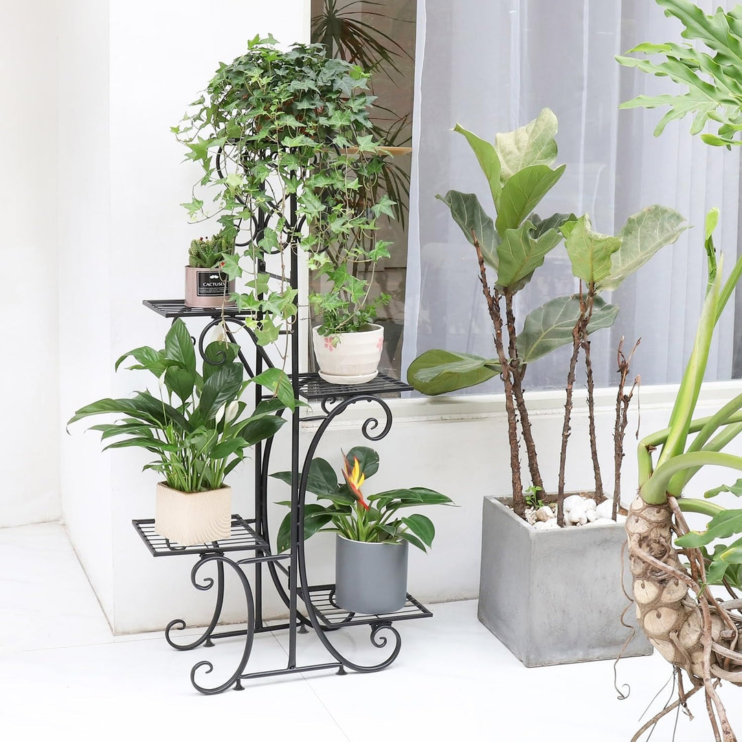 Tall Plant Stand 5 Tiered Iron Shelf Garden Display Rack Indoor Outdoor Black - Diamond Home USA