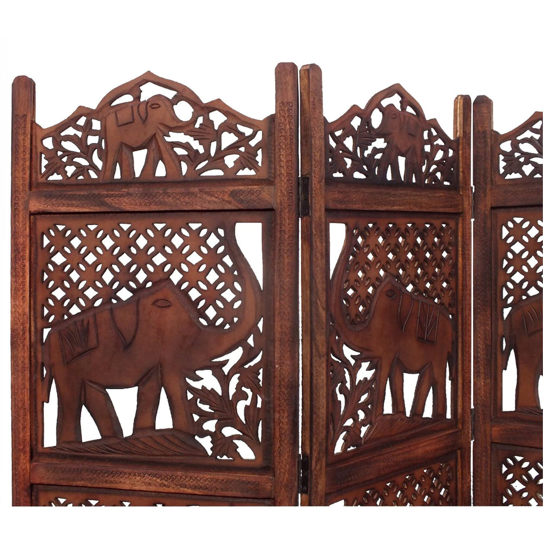 Hand Carved Elephant Design Foldable 4 Panel Wooden Room Divider Brown 8' X - Diamond Home USA