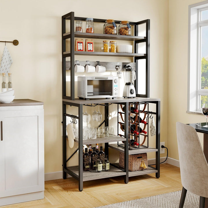 6-Tier Bakers Rack with Power Coffee Bar Station Wine Glass Holder and Microwave Grey