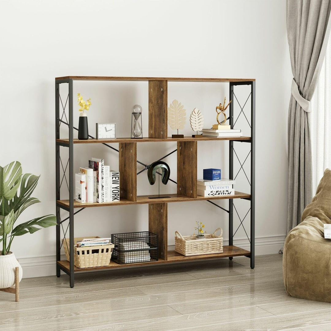 Wood 4 Tier Bookshelf Industrial Display Shelf Rustic Brown Modern