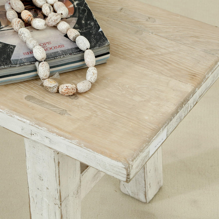 Small Old Pine Wood Bench 47 Inch Long Antique Off White Finish Natural - Diamond Home USA