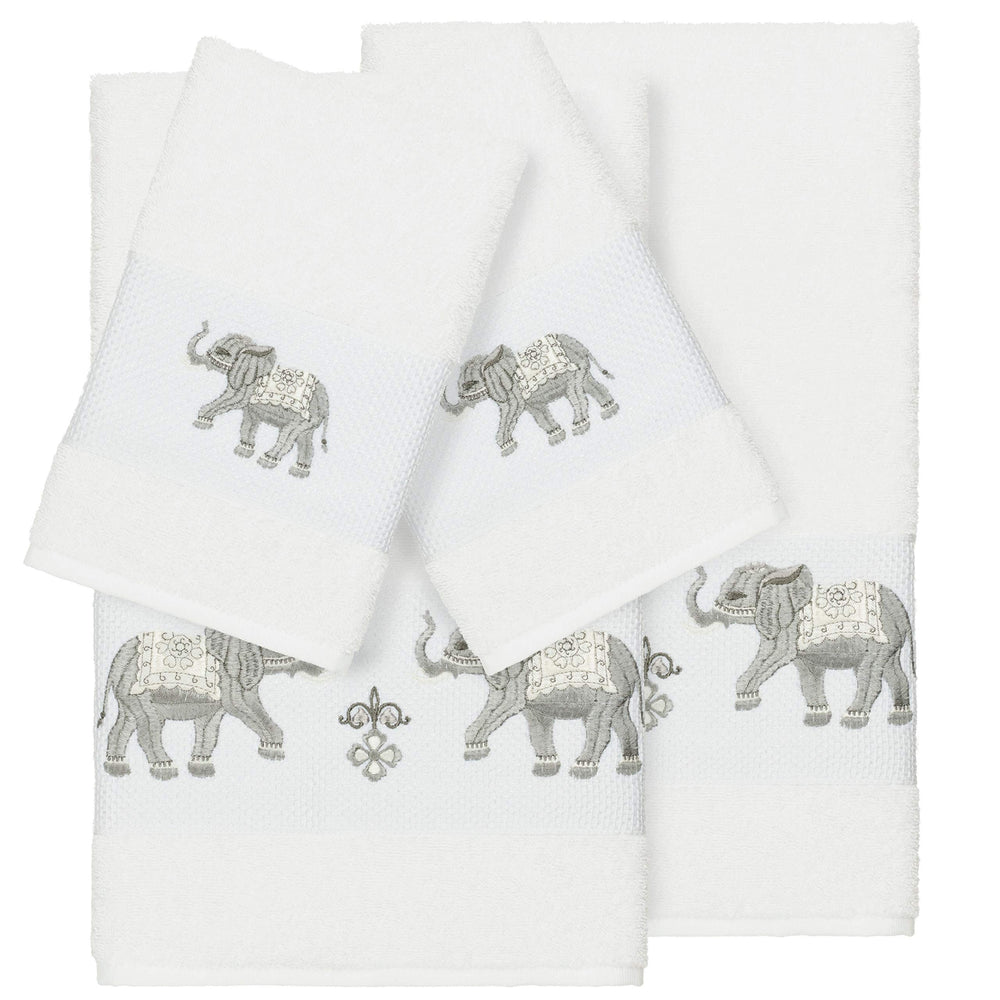 Authentic Hotel and Spa Turkish Cotton Elephants Embroidered White 4-Piece Towel - Diamond Home USA