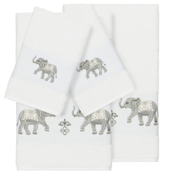 Authentic Hotel and Spa Turkish Cotton Elephants Embroidered White 4-Piece Towel - Diamond Home USA